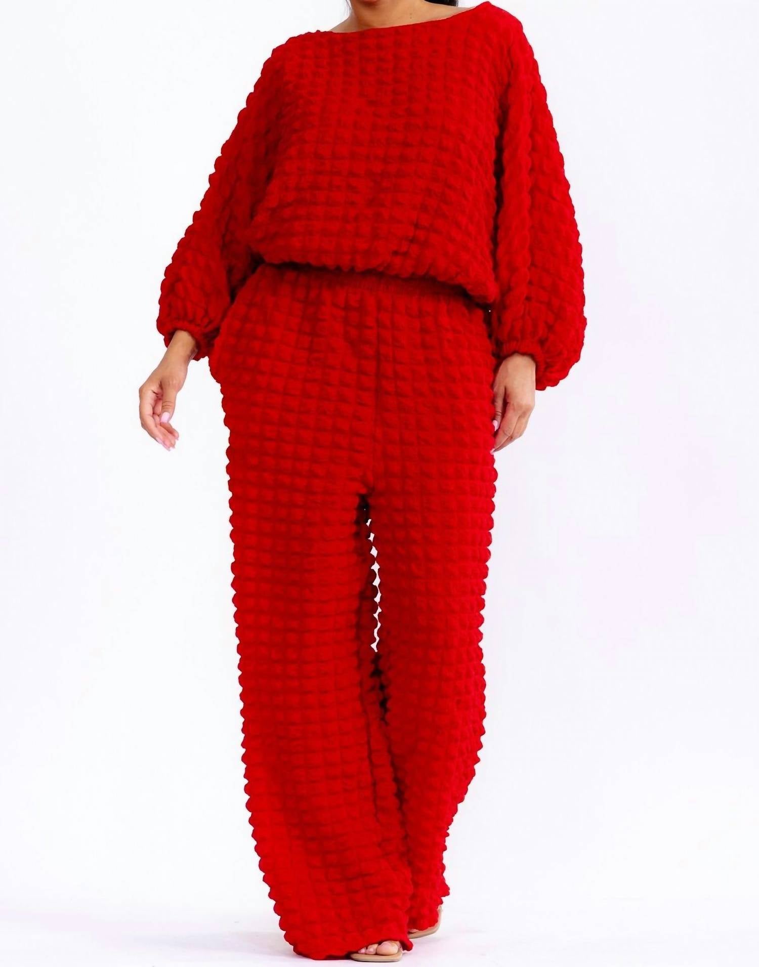 Karen T Design Relaxed-fit Top With Trendy Balloon Sleeves And Wide-leg Pants in red - women's sleepwear
