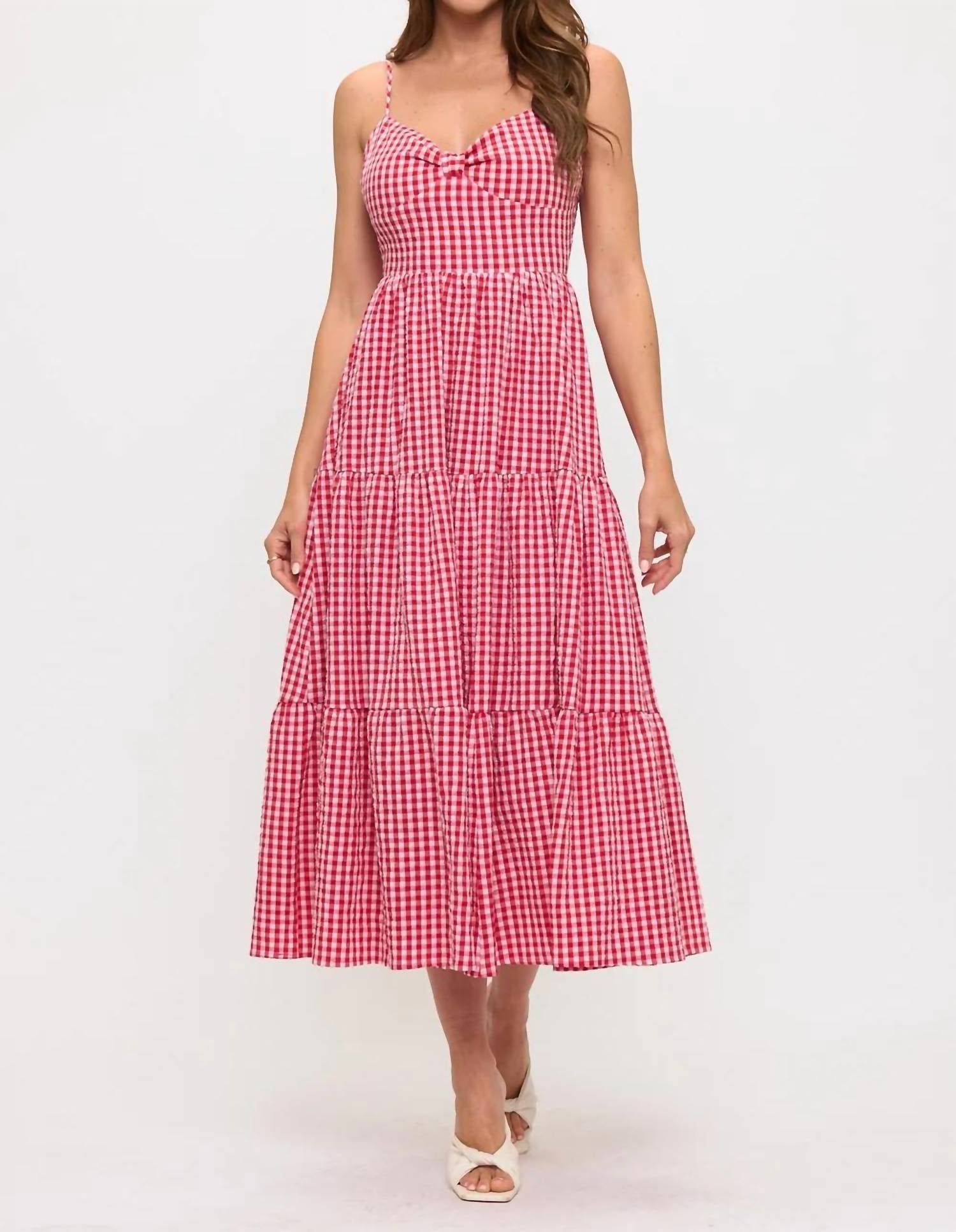 Lovely Day - Gingham Bow Bust Tie Back Tiered Maxi Dress