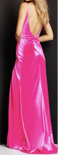 JOVANI Cowl Neck High Slit Prom Dress in neon pink - women's dress - detail view