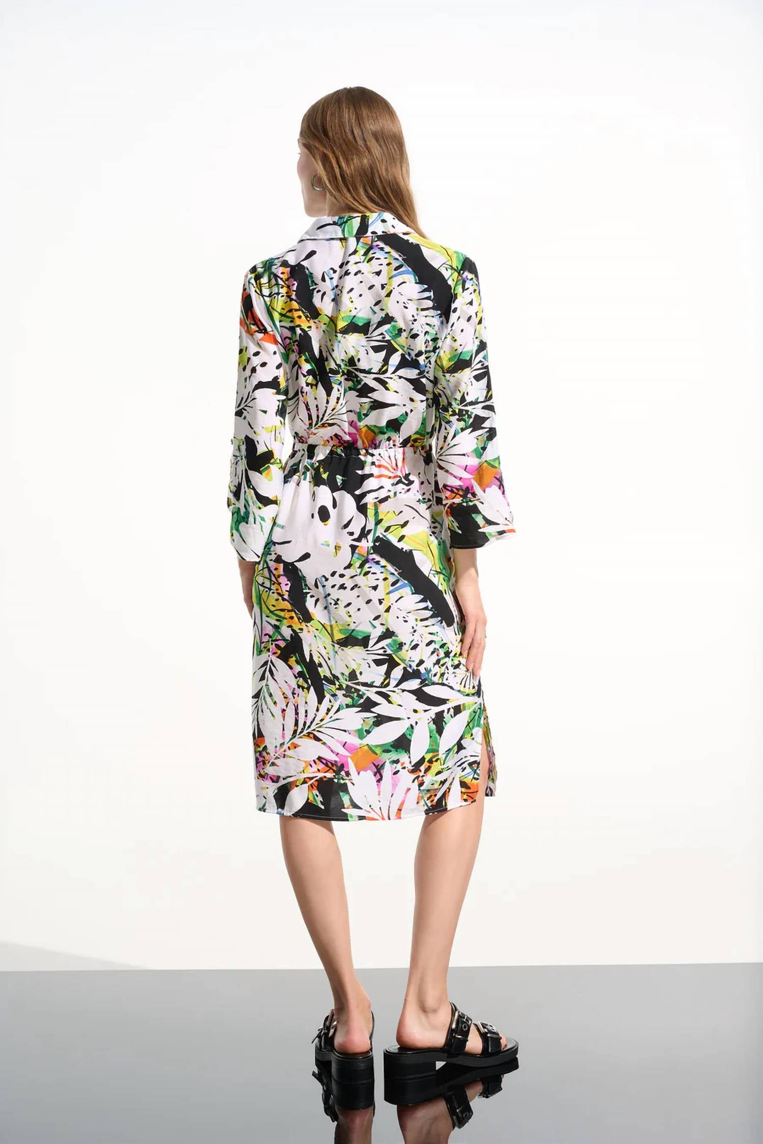 Joseph Ribkoff Crinkled woven tropical print dress in black multi - women's dress - view 5