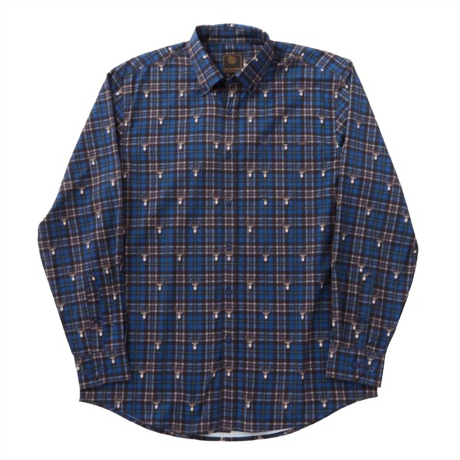 F/X Fusion Men's Deer Plaid Print Button Down Shirt in blue - men's shirt