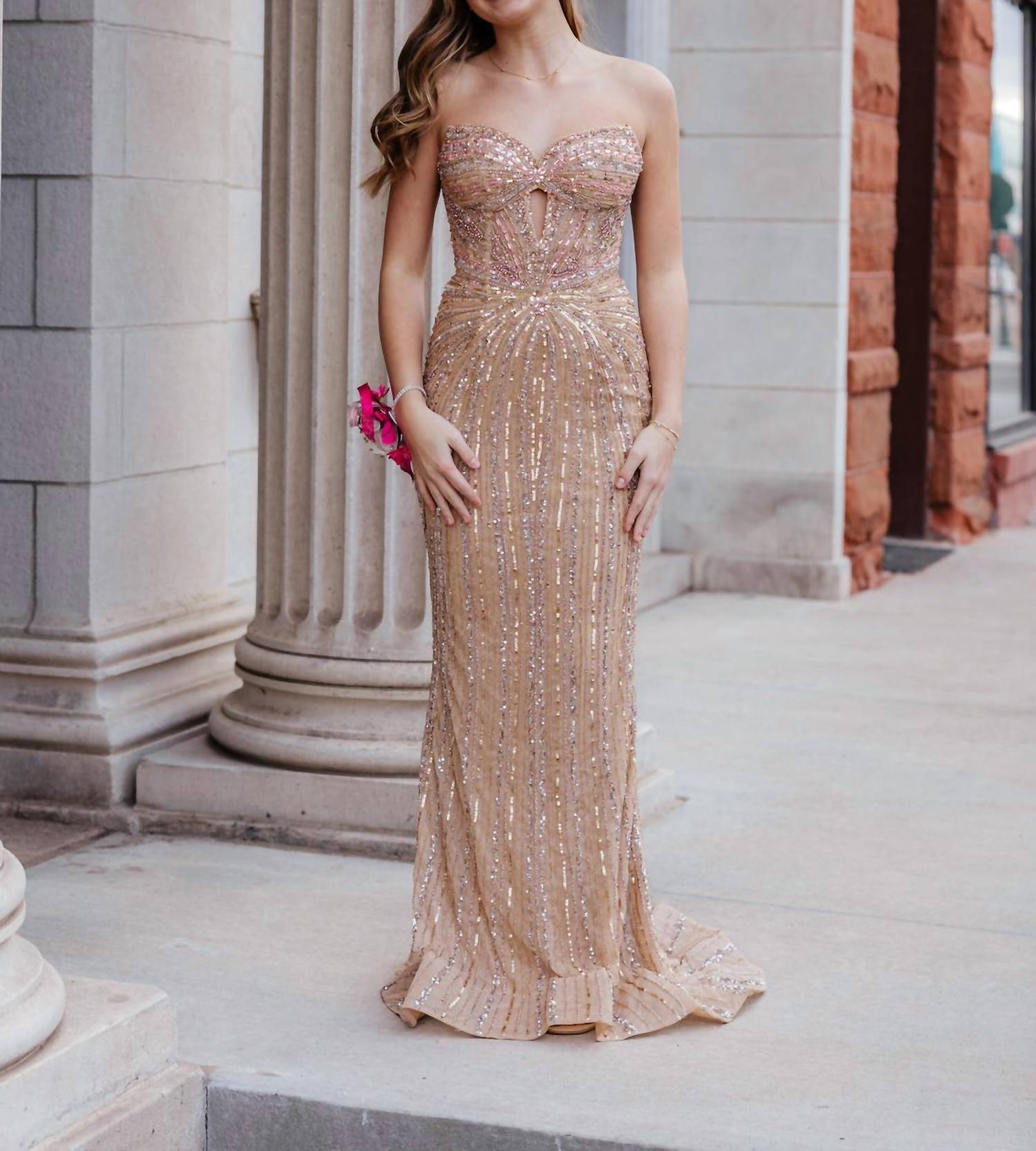 AMARRA Glamorous Strapless Sequin Prom Dress in pink - women's dress - detail view