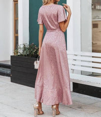 Simplee Apparel - Asymmetrical Ruffle Hem Wrap Maxi Dress