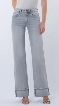 FLYING MONKEY Mid Rise Full Length Cuffed Wide Leg Jeans in grey - women's pants
