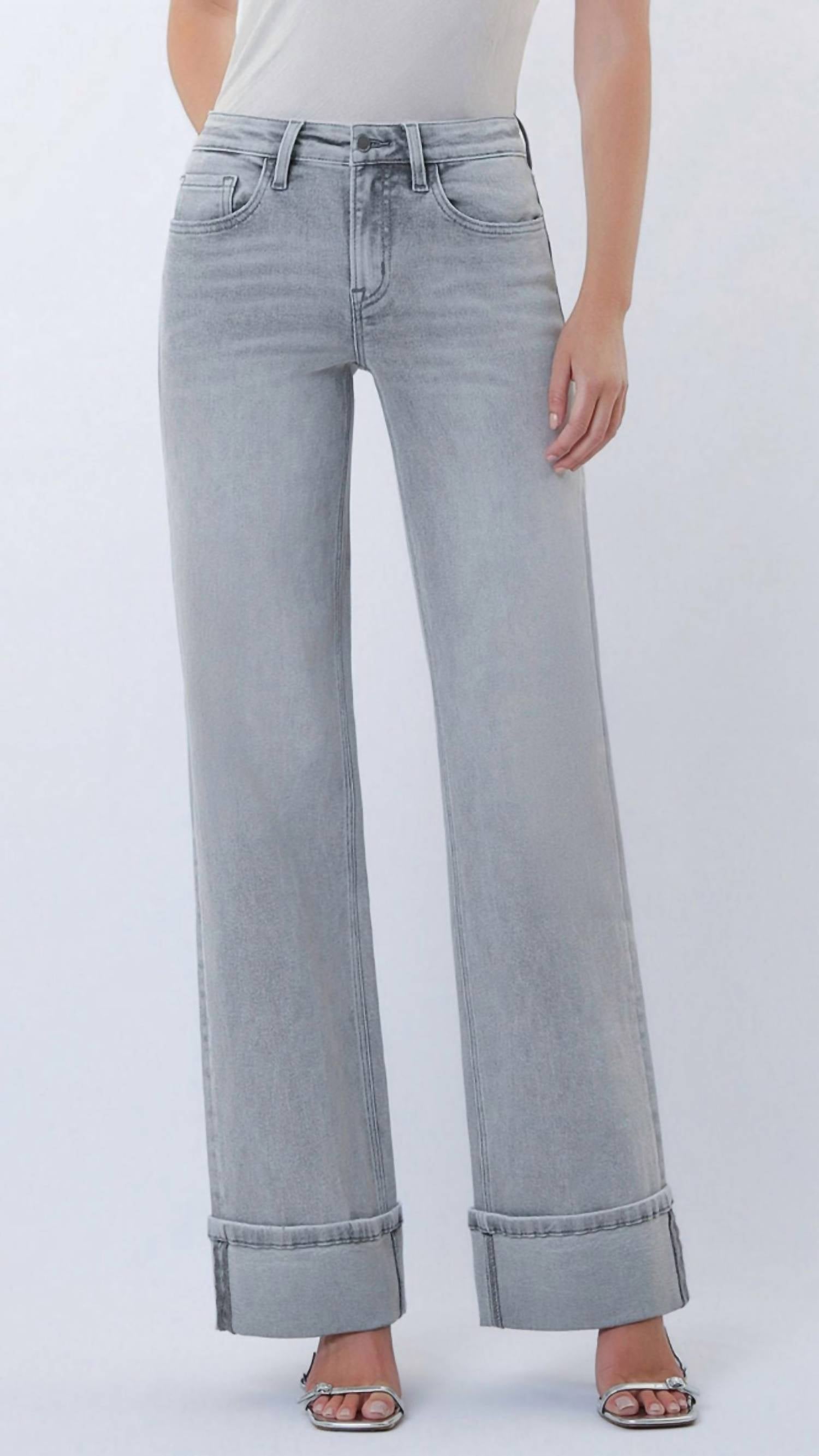 FLYING MONKEY Mid Rise Full Length Cuffed Wide Leg Jeans in grey - women's pants