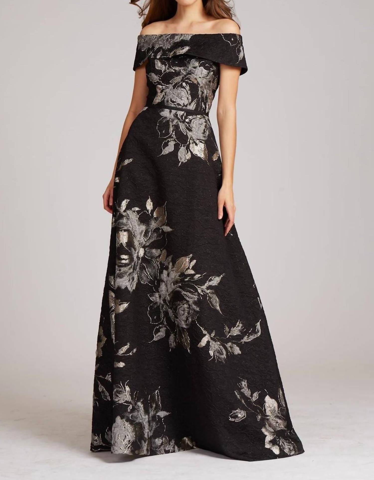 Teri Jon - Floral Pattern Jacquard Off The Shoulder Gown