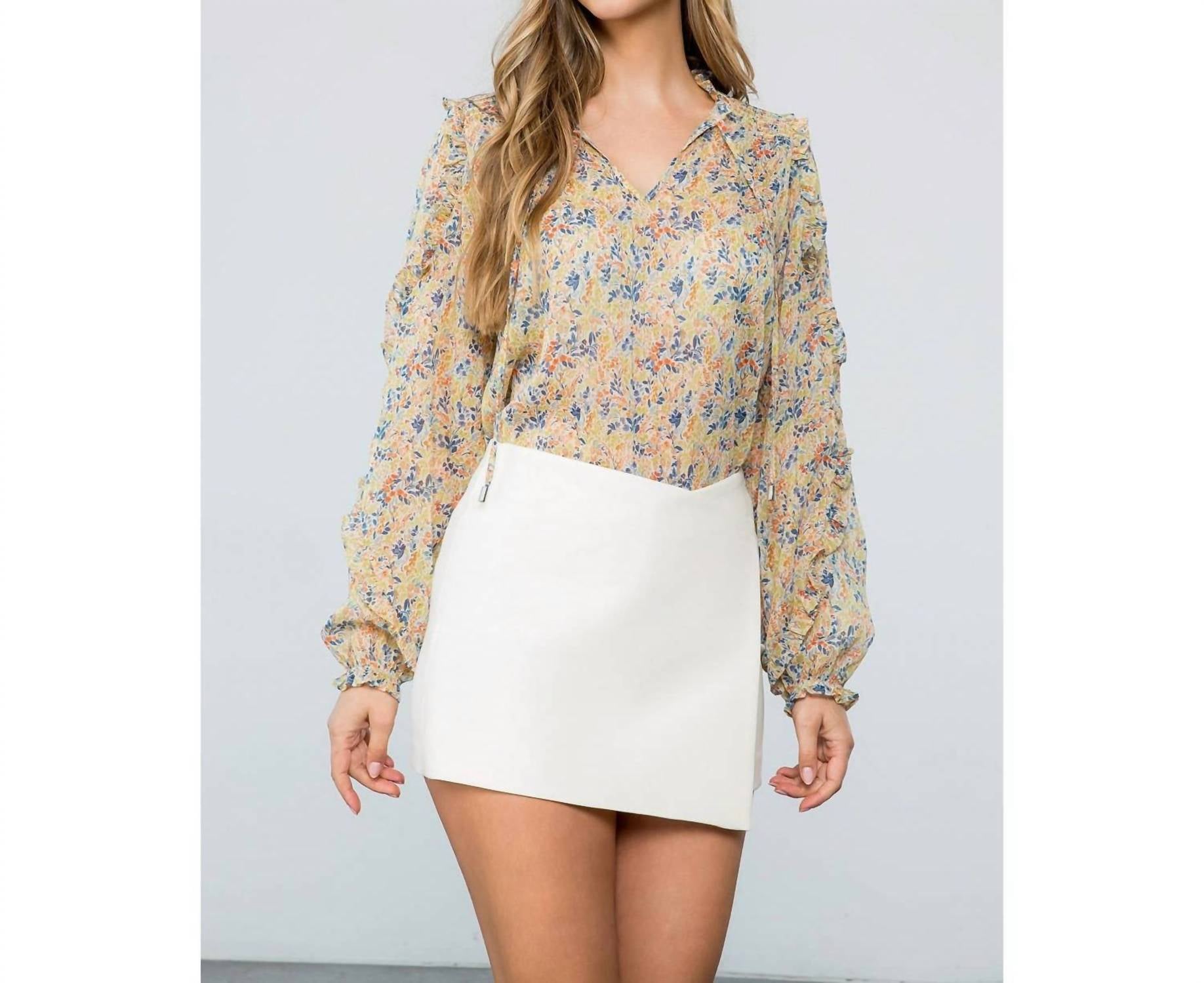 THML Flower Print Long Sleeve Blouse in floral beige - women's blouse