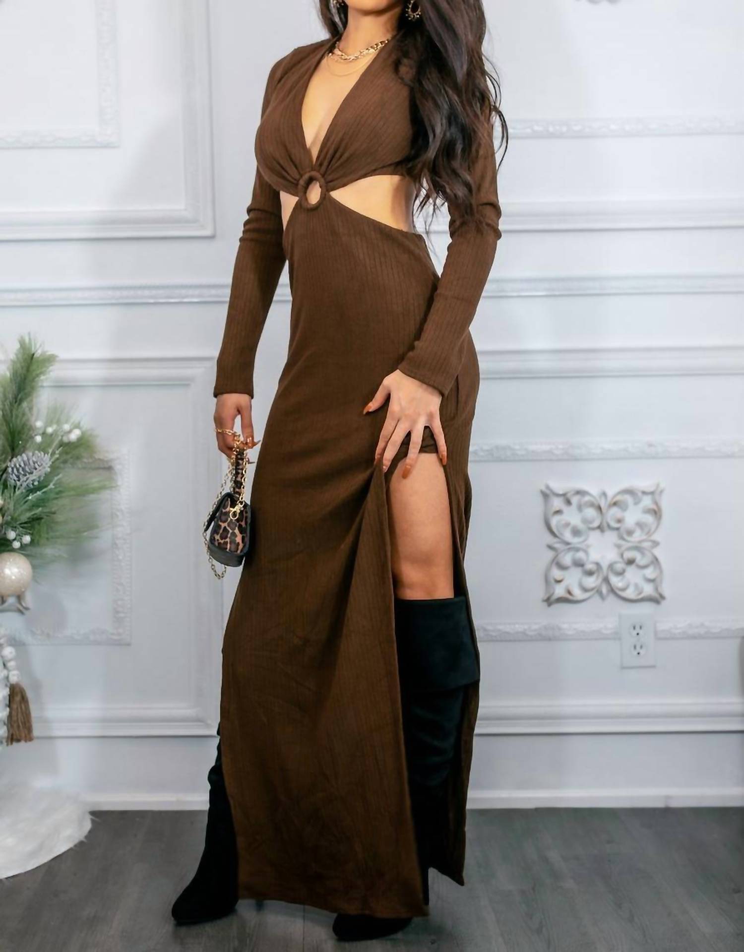 Surelymine - O Ring Cut Out Side Slits Sweater Dress
