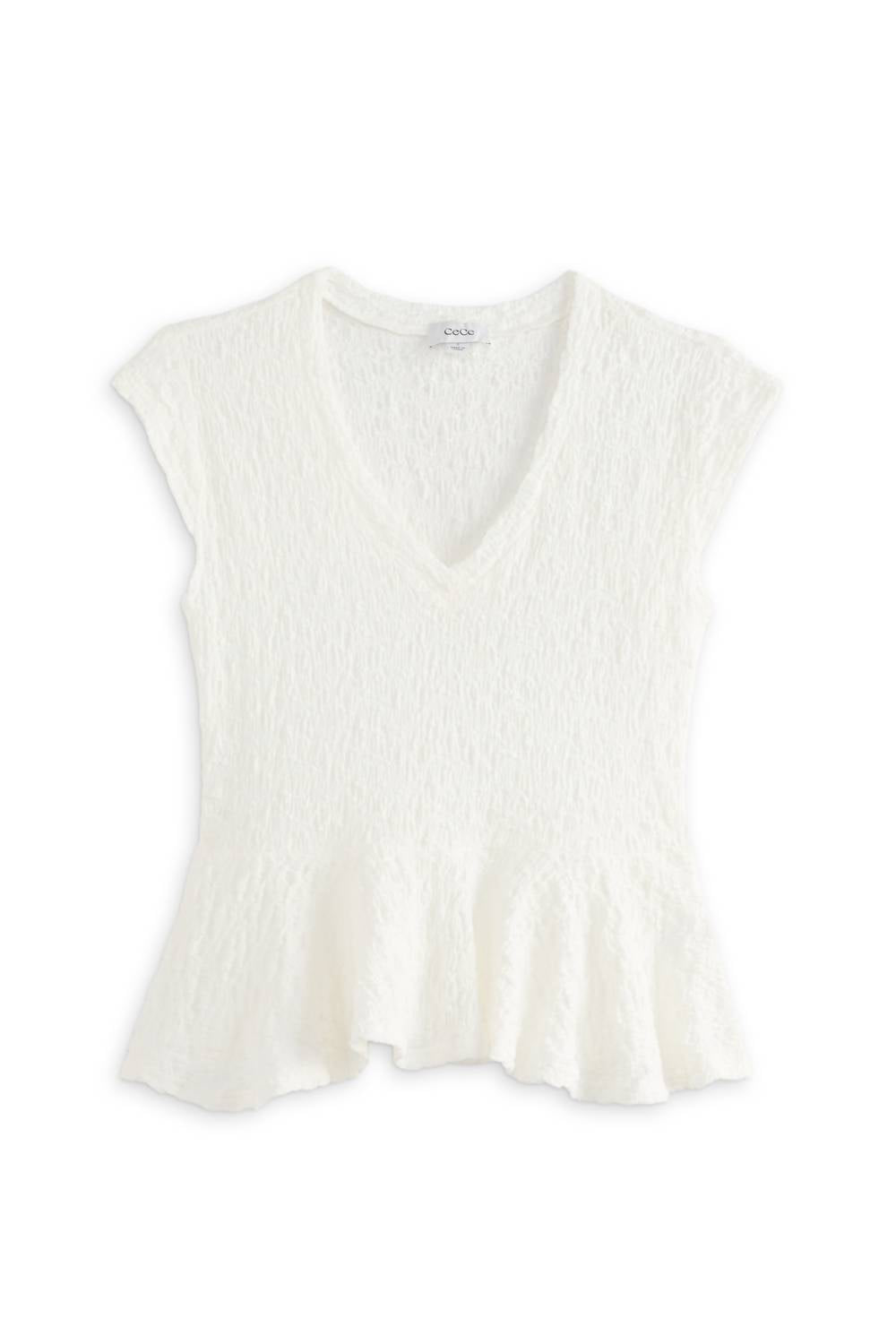 Cece - V Neck Puckered Knit Peplum Tee
