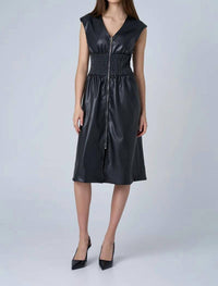 Astrid - Victoria Faux Leather Zip Front Midi Dress