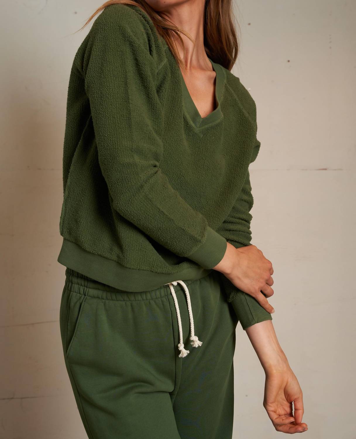 Perfectwhitetee - Zuri Reverse Fleece V-neck Sweatshirt