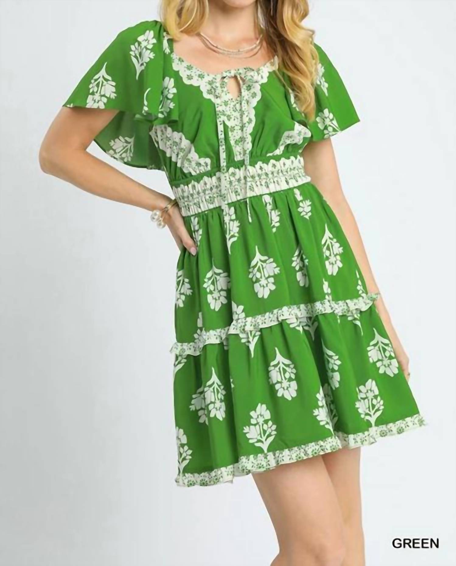 Umgee - Floral Ruffle Trim Tiered Mini Dress