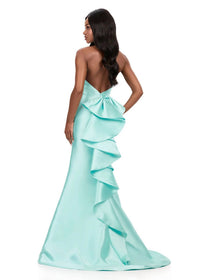 ASHLEYlauren Plunging Halter Neckline Mikado Prom Dress in aqua - women's dress - alternate view