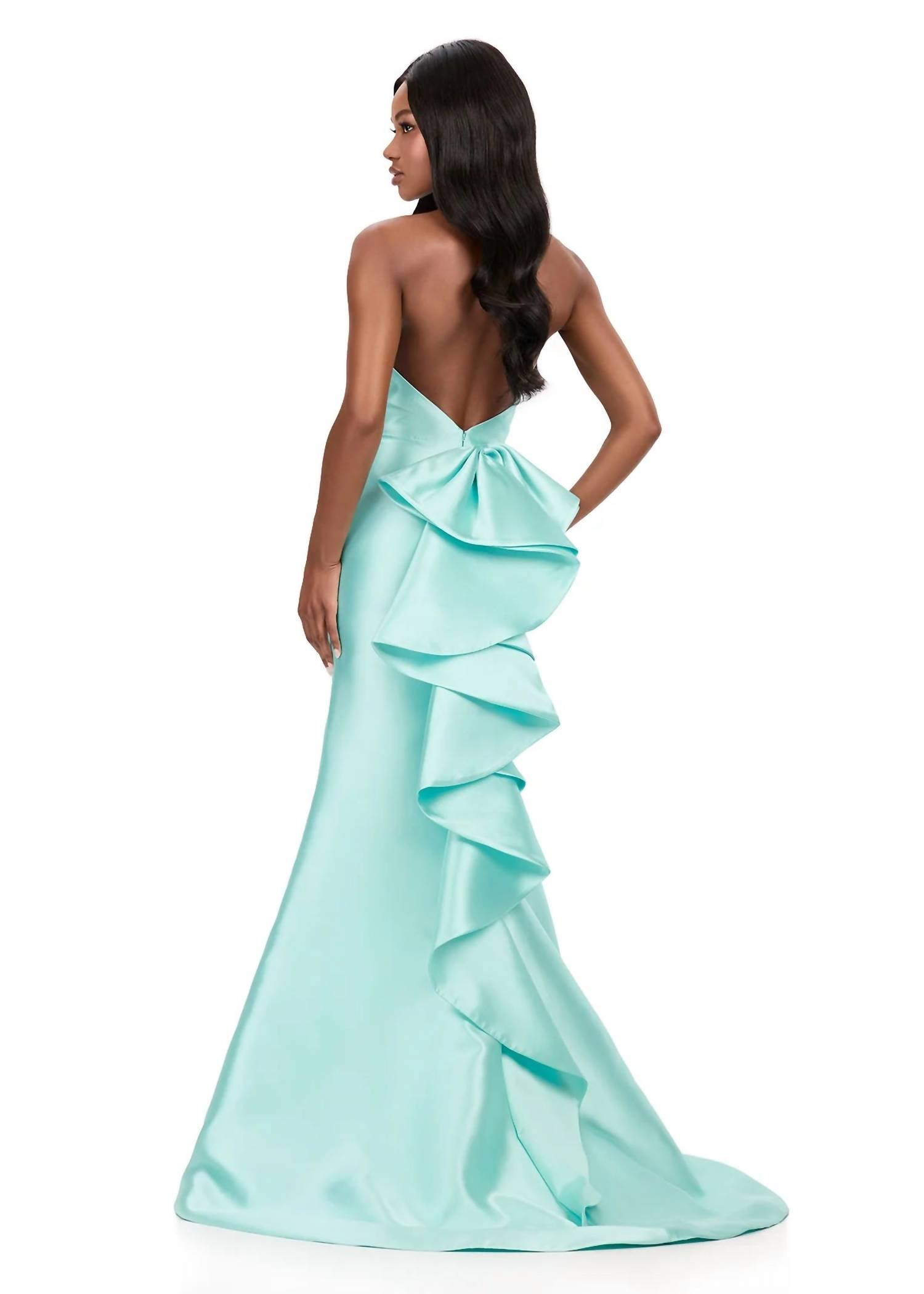 ASHLEYlauren Plunging Halter Neckline Mikado Prom Dress in aqua - women's dress - alternate view