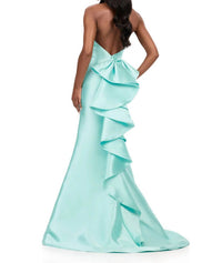 ASHLEYlauren Plunging Halter Neckline Mikado Prom Dress in aqua - women's dress - detail view