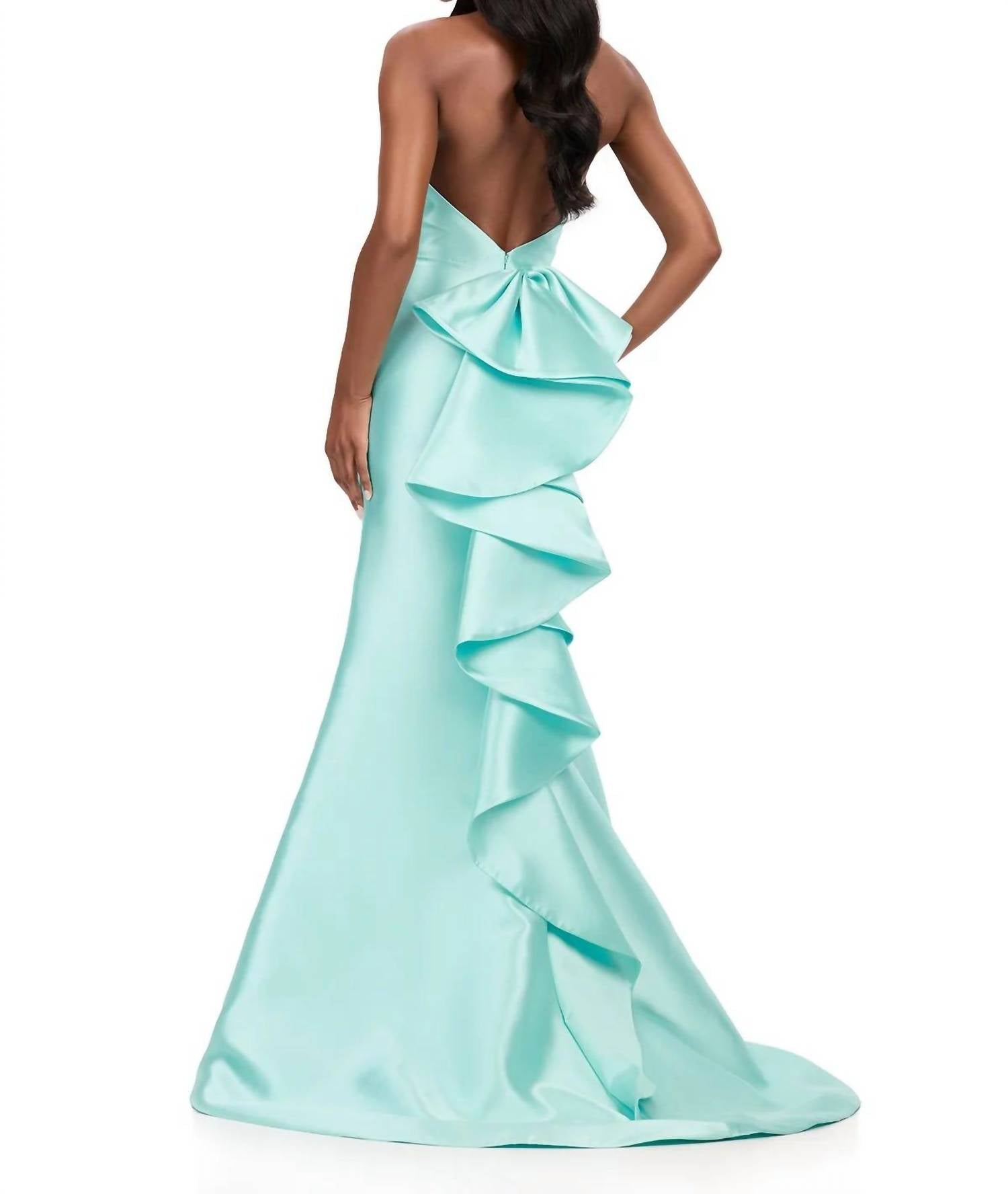 ASHLEYlauren Plunging Halter Neckline Mikado Prom Dress in aqua - women's dress - detail view