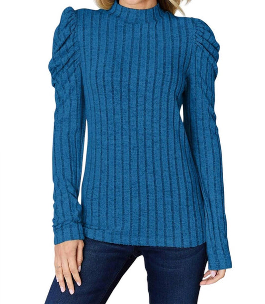 Trendsi - Ribbed Mock Neck Top With Puff Sleeves