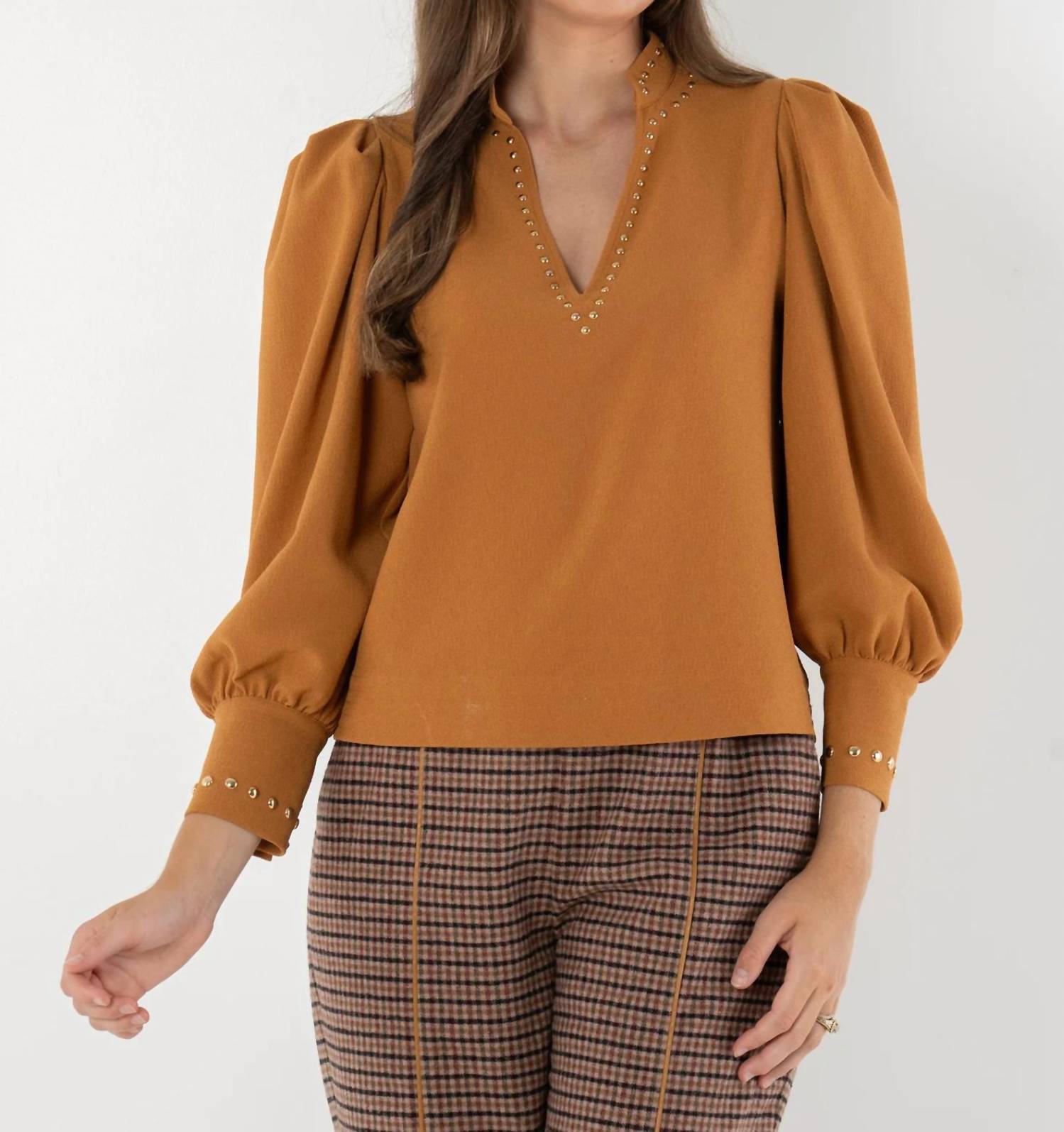 Emily McCarthy Hampton V-neck Top in brown sugar - women's blouse
