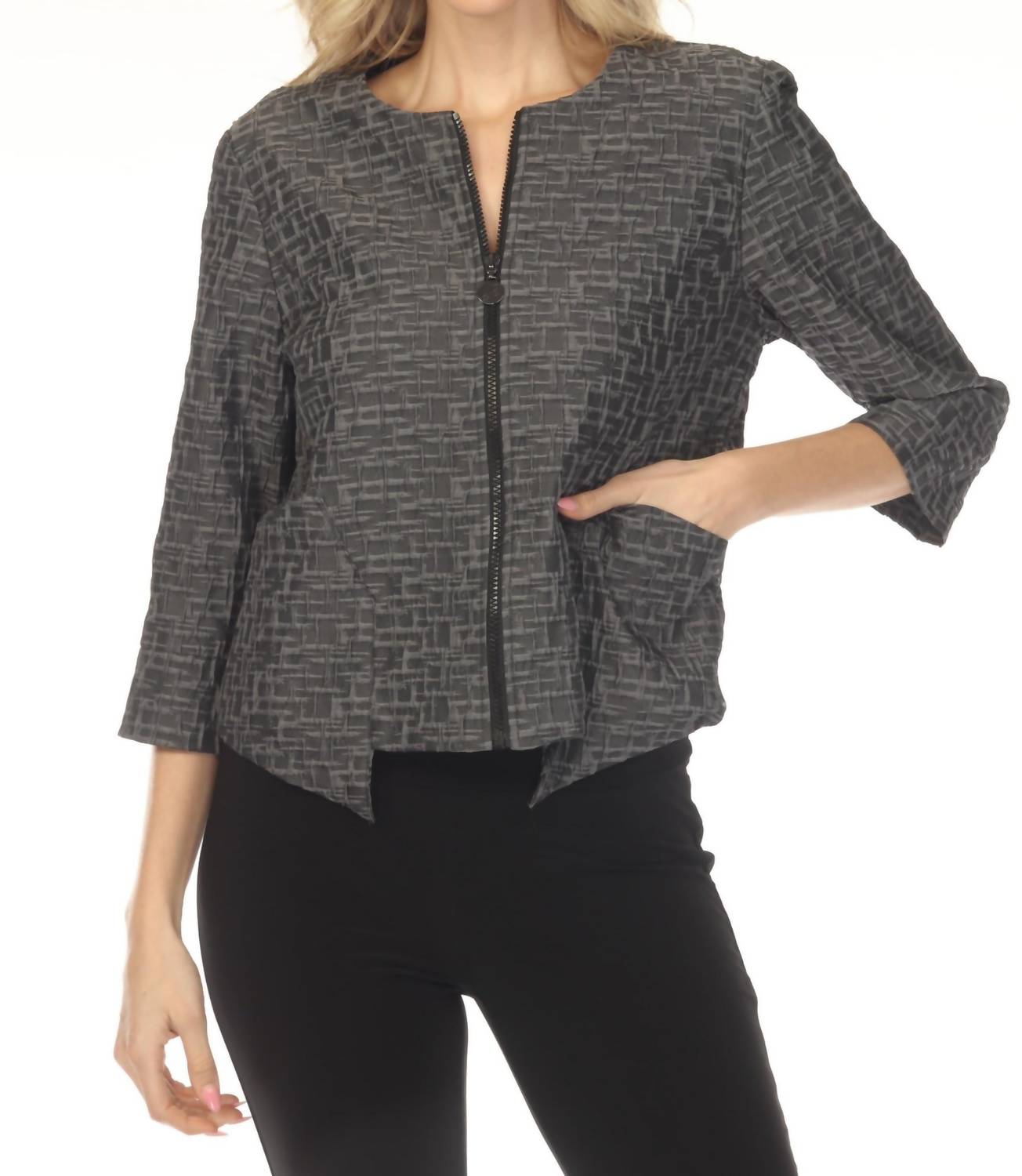 Joseph Ribkoff Textured Zip Front Three Quarter Sleeve Jacket in grey - women's jacket - view 4