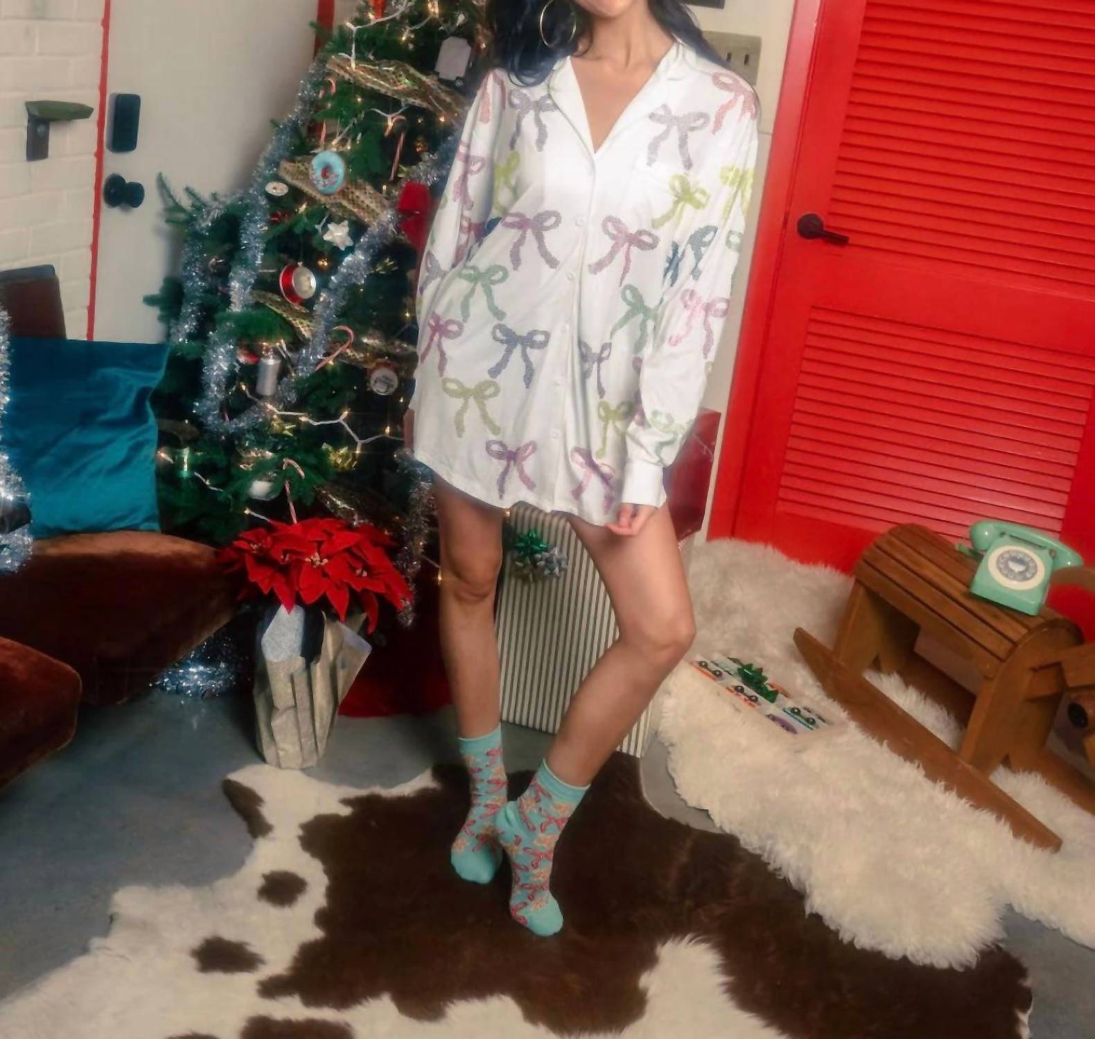 QUEEN OF SPARKLES Rhinestone Rainbow Bow Pajama Top Dress in white multi - women's shirt - detail view