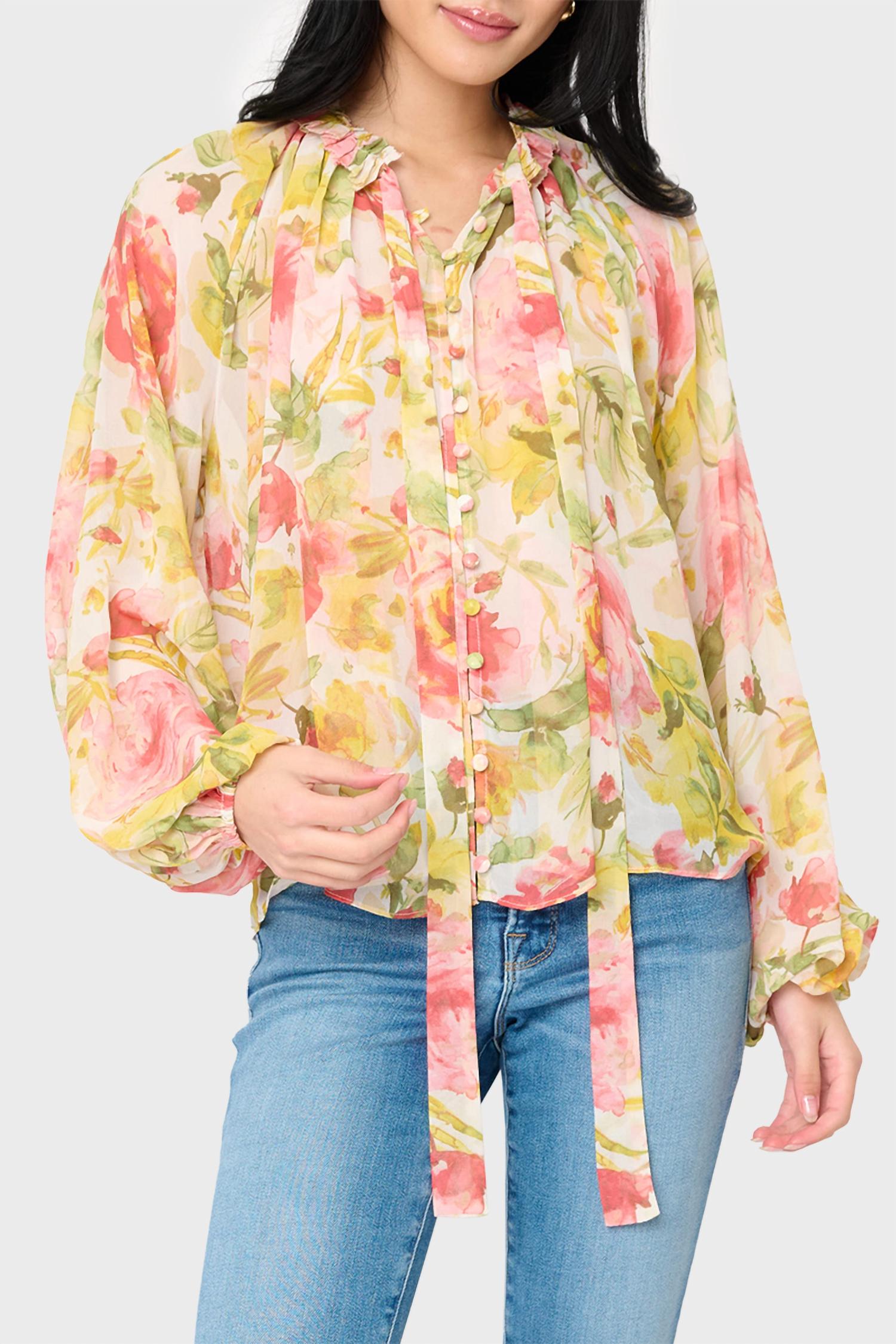 Reset By Jane - Button Front Chiffon Blouse With Tie