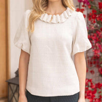 Voy - Pearled Ruffle Neckline Top