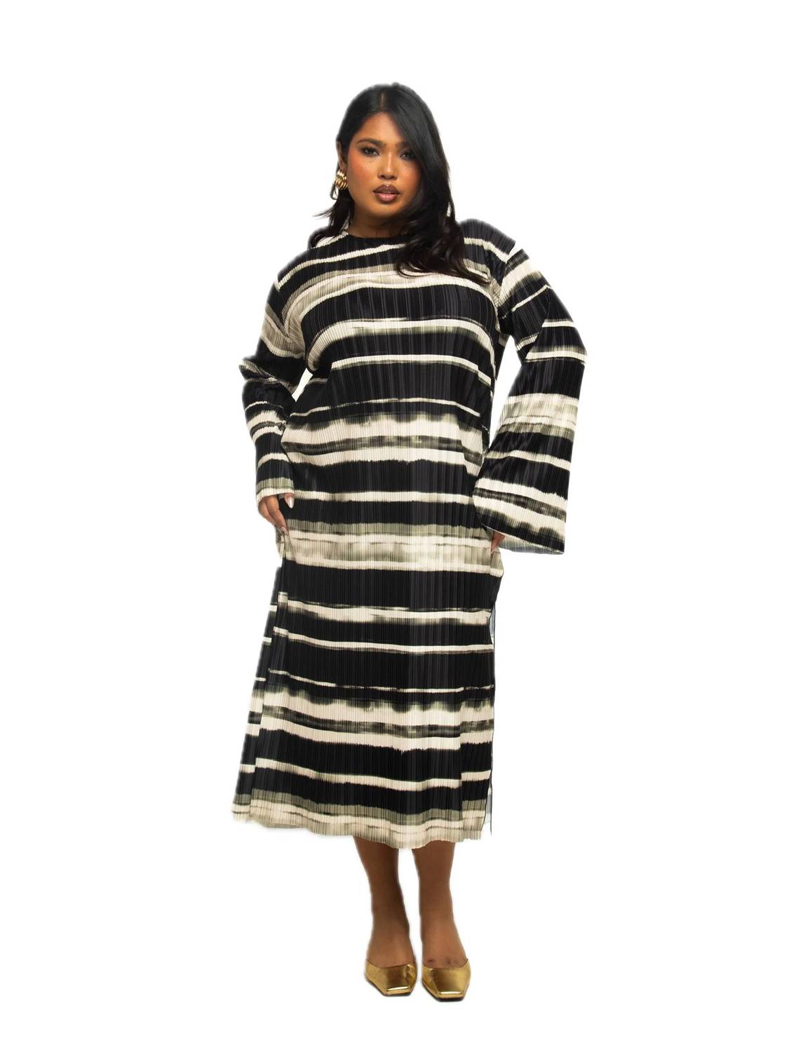 Fashion Szn Curve - Striped Plisse Long Sleeve Dress