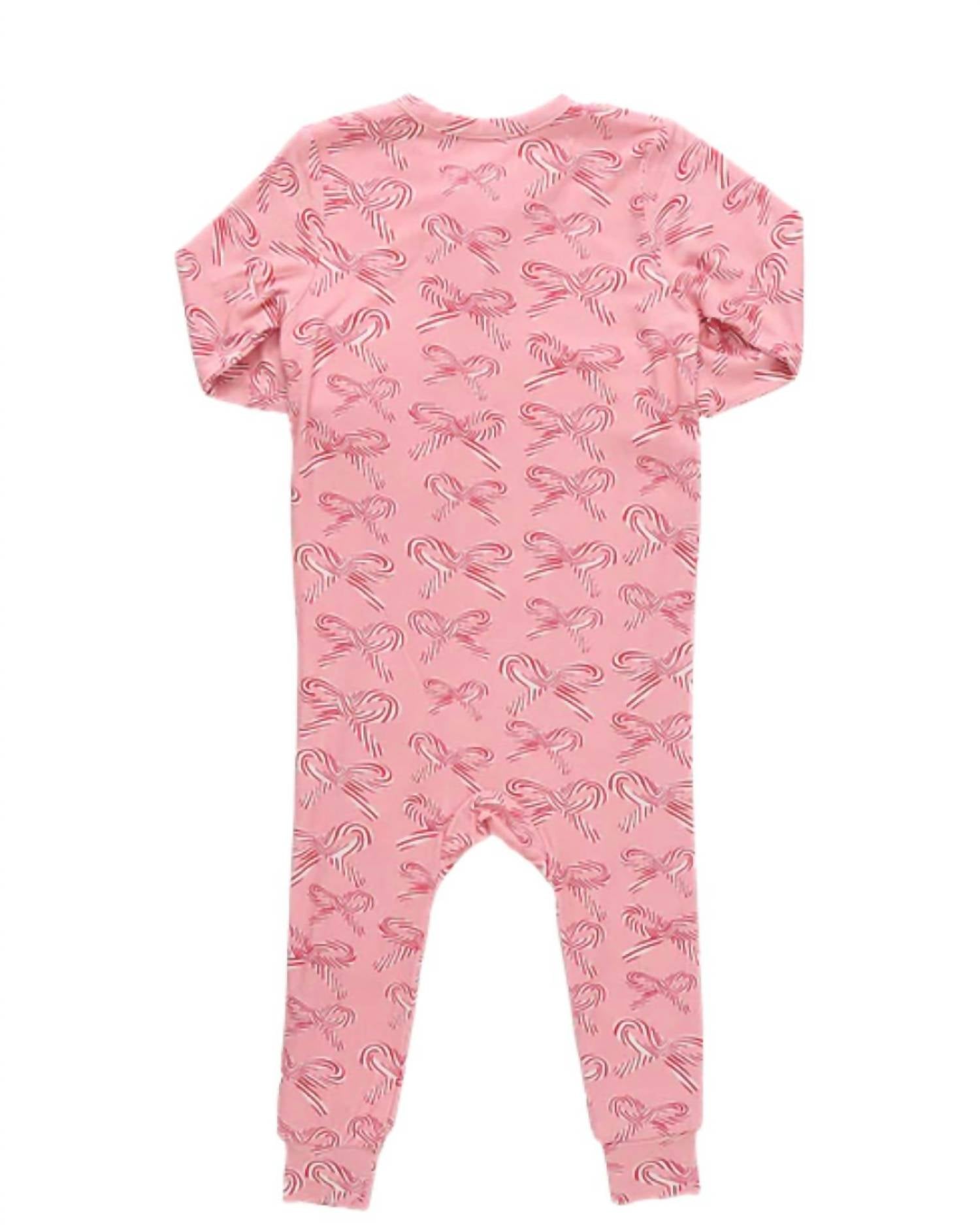 PINK CHICKEN Kid's Ruffle Bamboo Romper in candy cane bows - kids' item - detail view
