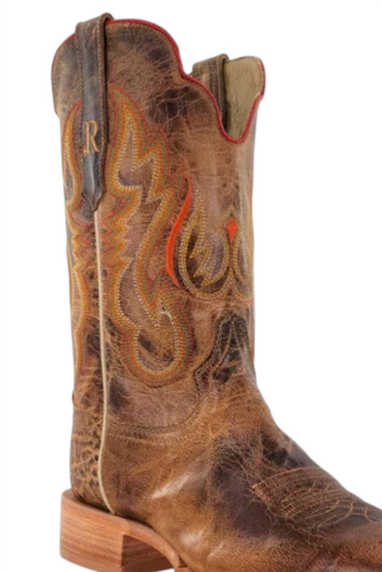 R Watson Boots Men's Crazy Goat Skin Hybred Sole Cowboy Boot in distressed tan - men's boots - detail view