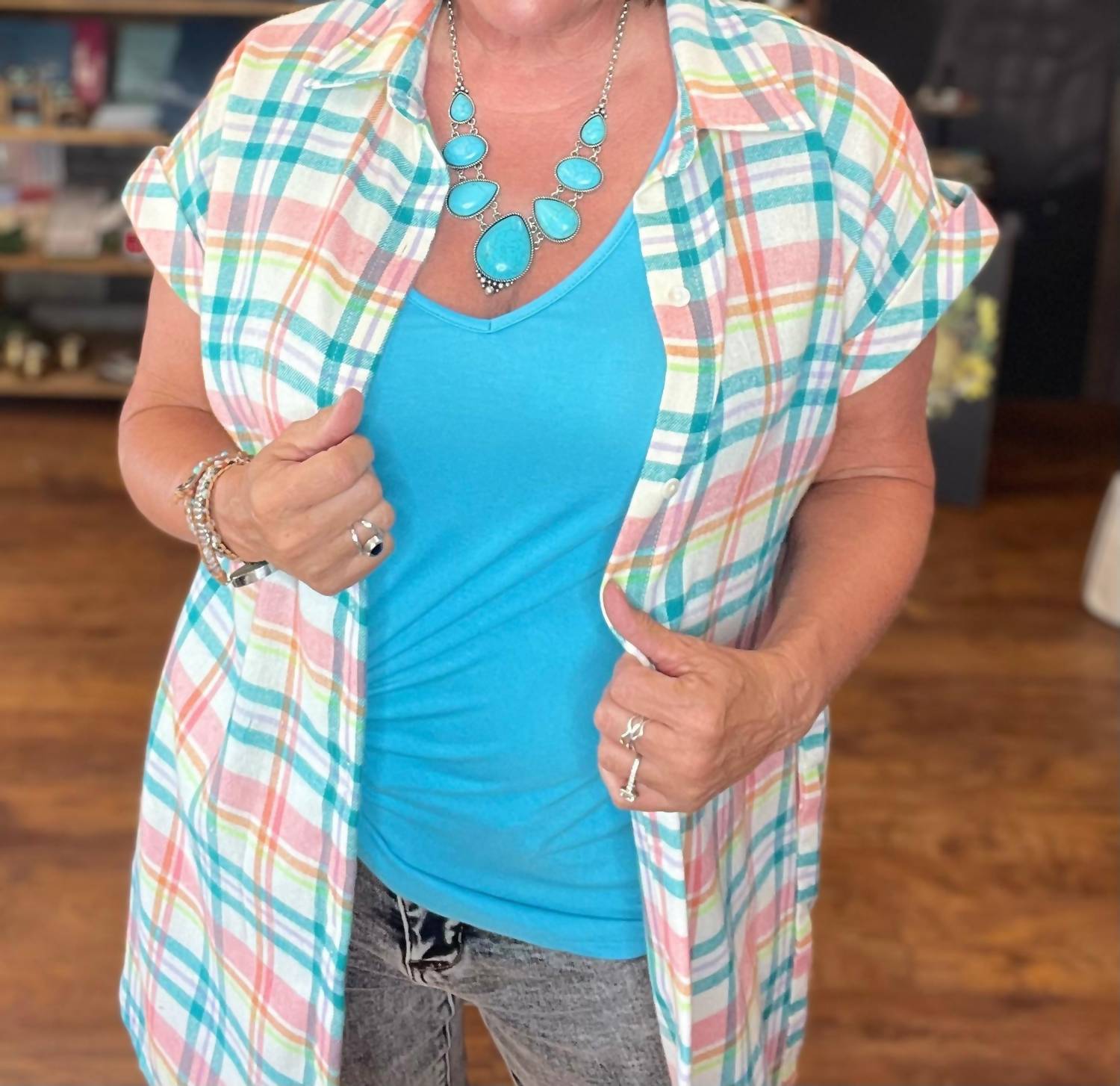 ANDREE BY UNIT Playful Button-up Plaid Shirt in blue multi - women's shirt - detail view