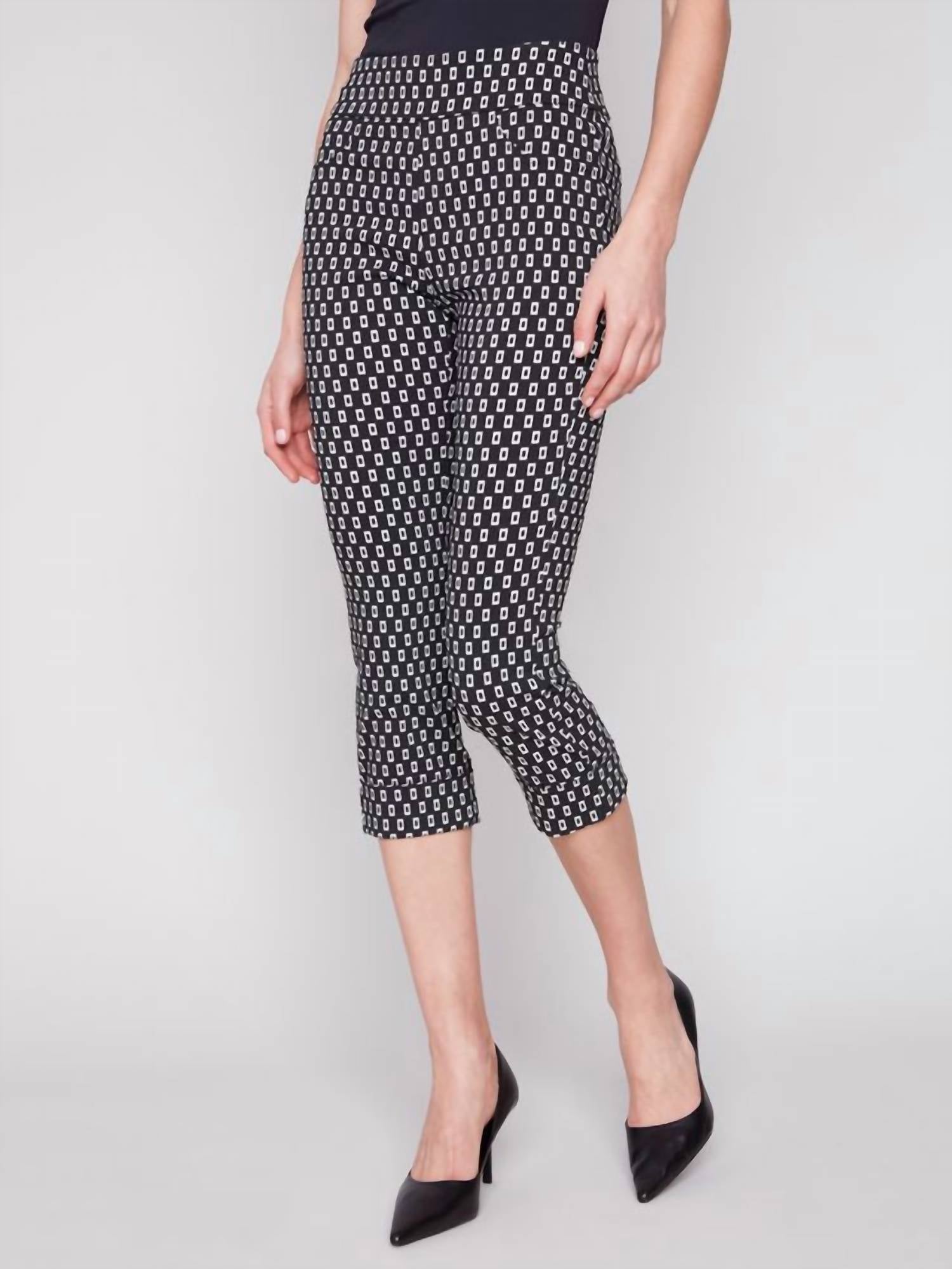 CHARLIE B Pull On Elastic Waist Crop Pants in black with white rectangles - women's pants