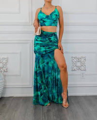 Surelymine - Dipped In Ruching Maxi Skirt Set With Plunging Slit