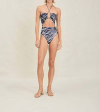 Devon Windsor Amal Full Piece Bikini in navy palm - women's swimwear - detail view