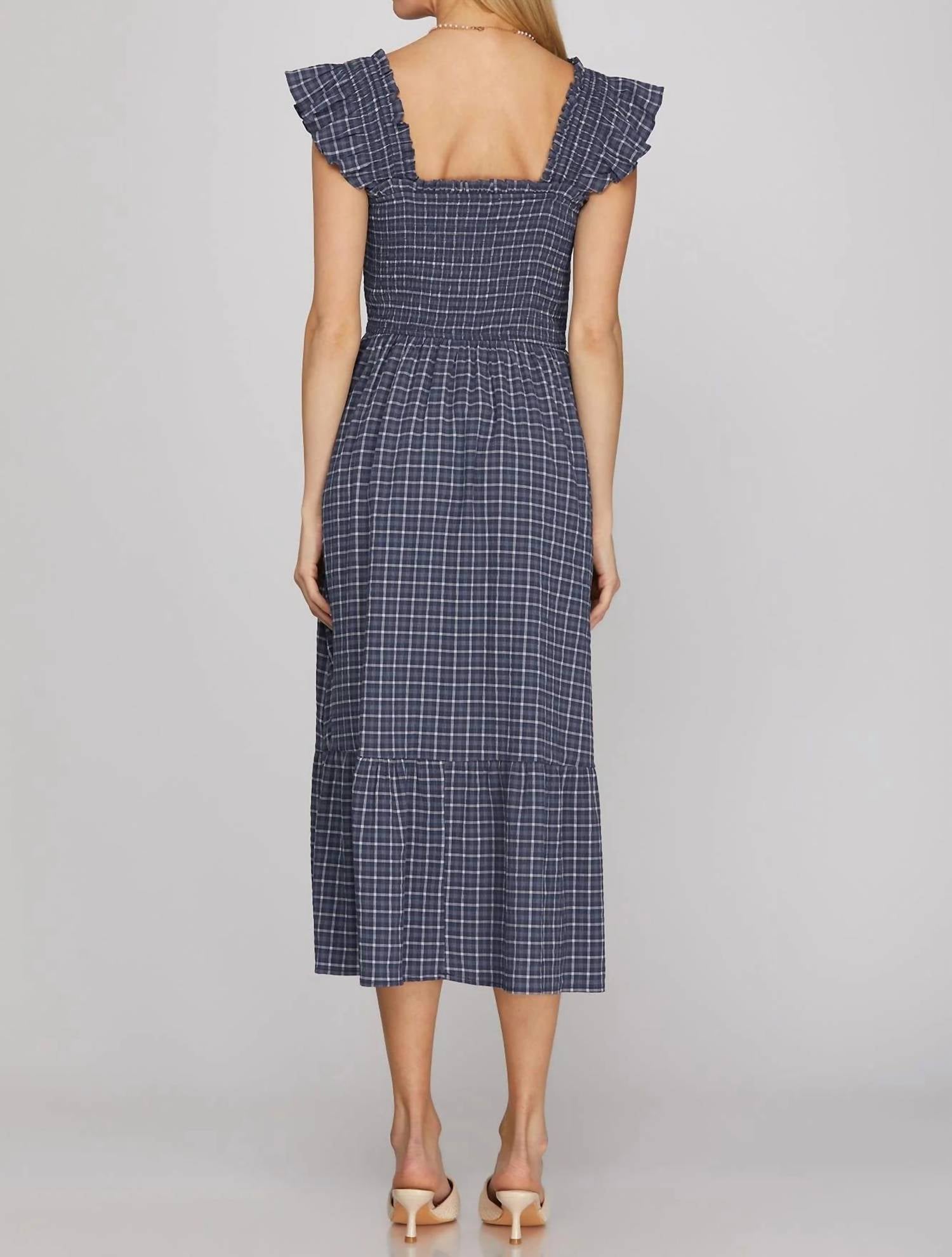 She + Sky - Ruffle Strap Check Smocked Midi Dress