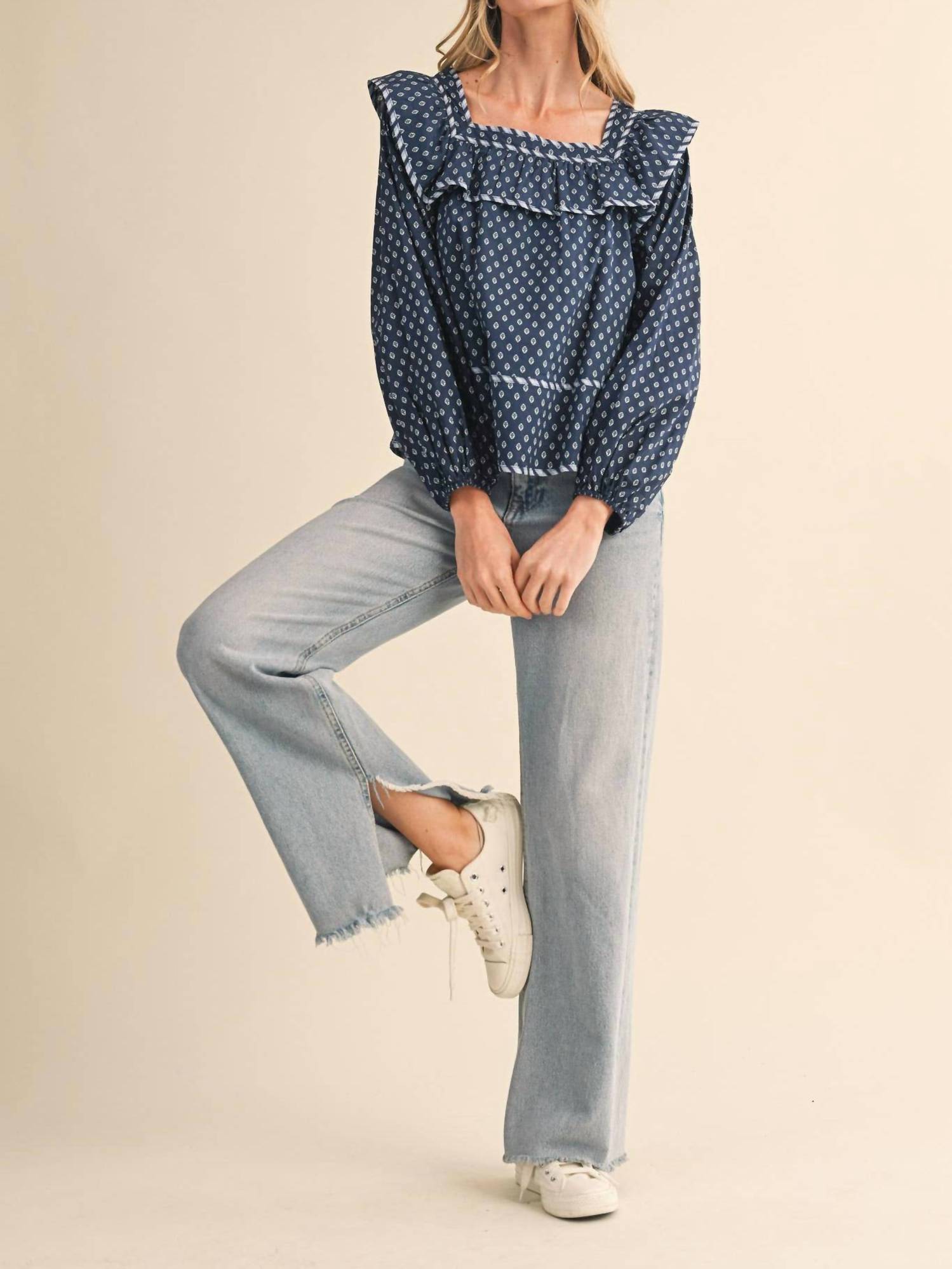 &merci Baby Doll Square Neck Blouse in navy - women's blouse - view 7