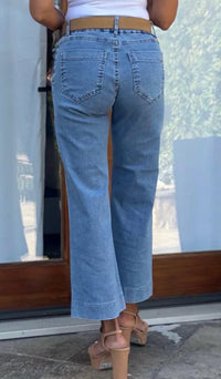 BEVY FLOG Eden Crop Flare Pant in light denim - women's jeans - detail view
