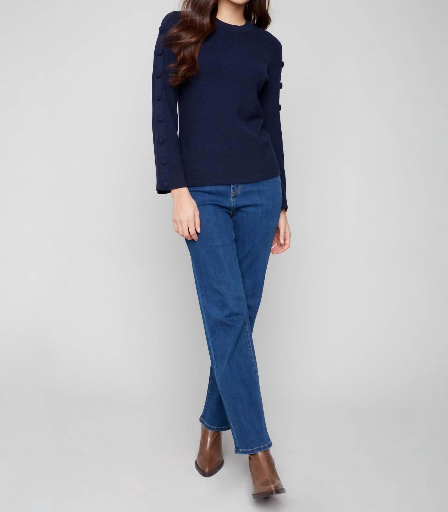 Charlie B - Ribbed Crew Neck Sweater With Buttons Details