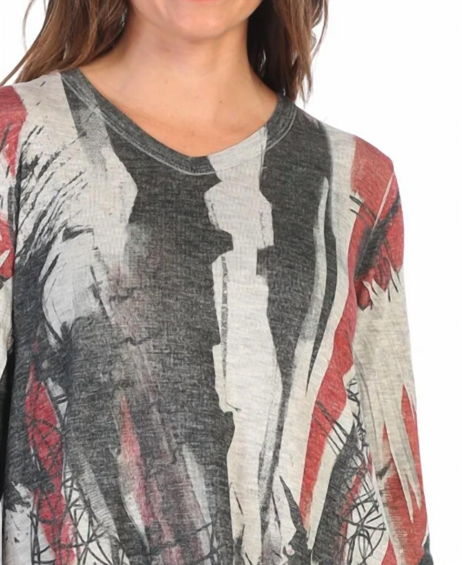 Jess & Jane Juliet Knit Jersey Asymmetric Top in modern abstract - women's blouse - alternate view