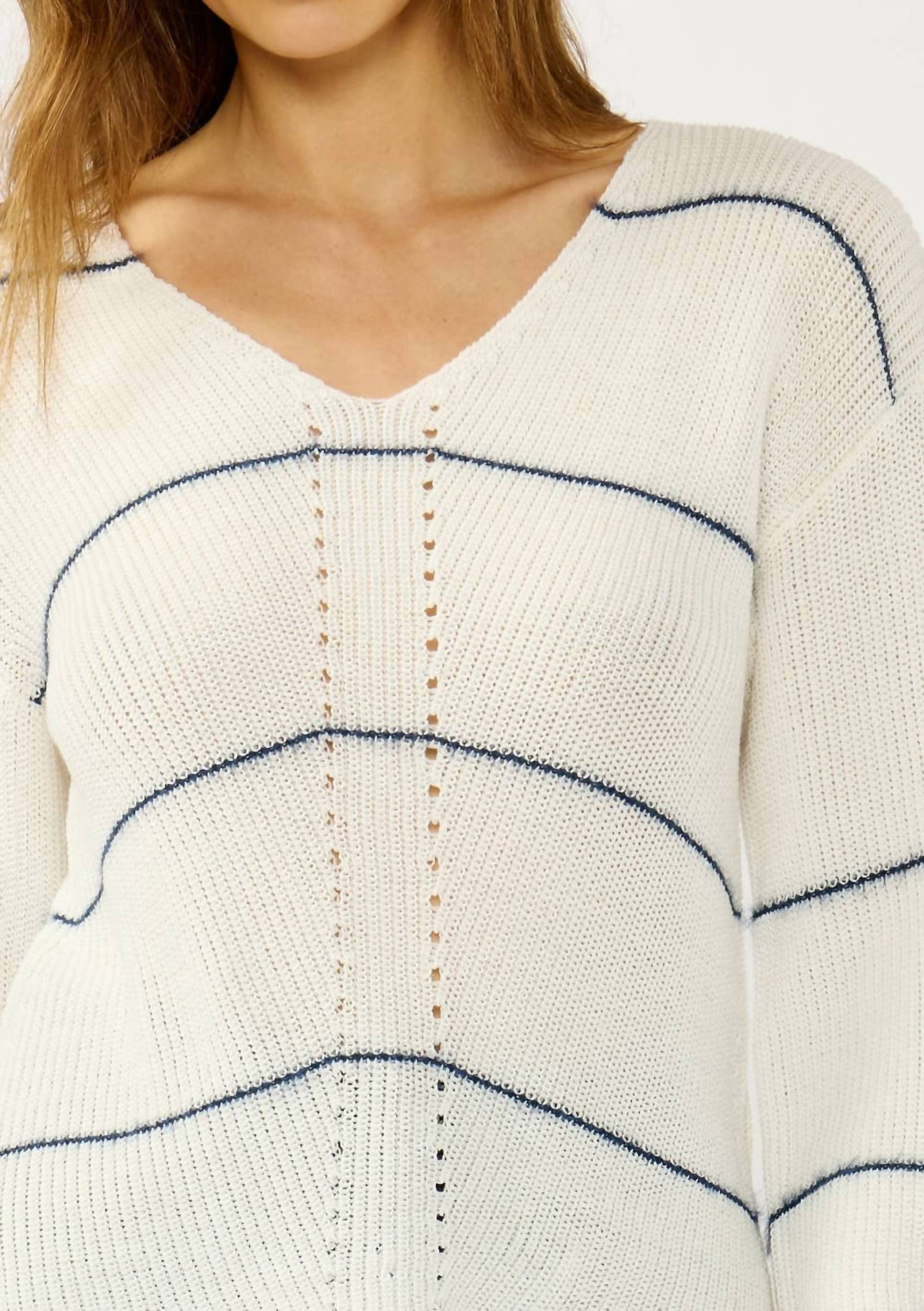 LOVESTITCH V-Neck Fuzzy Stripe Sweater in cream navy - women's sweater - view 4