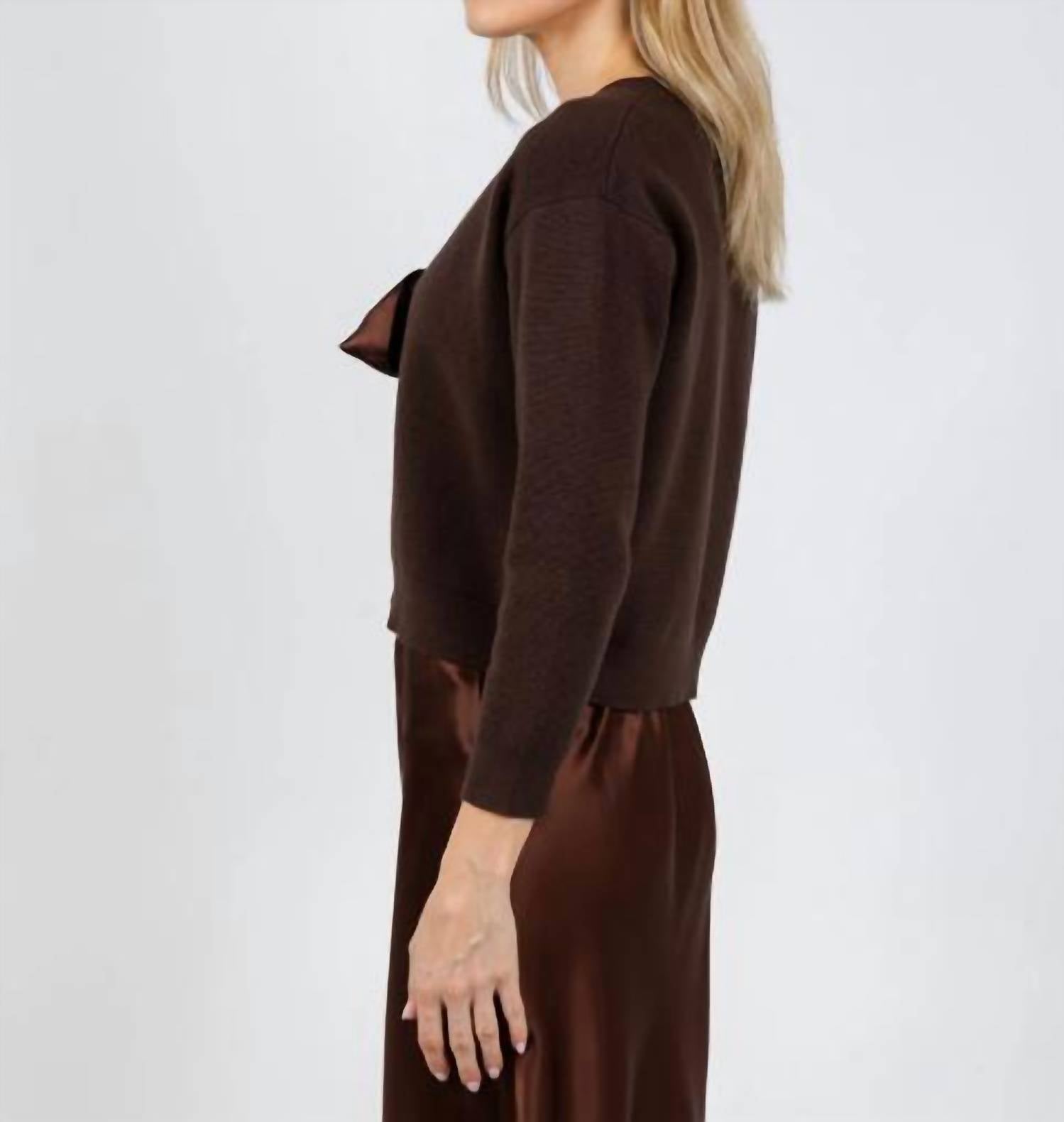 J. Society Satin Bow Cardigan in chocolate - women's cardigan - detail view