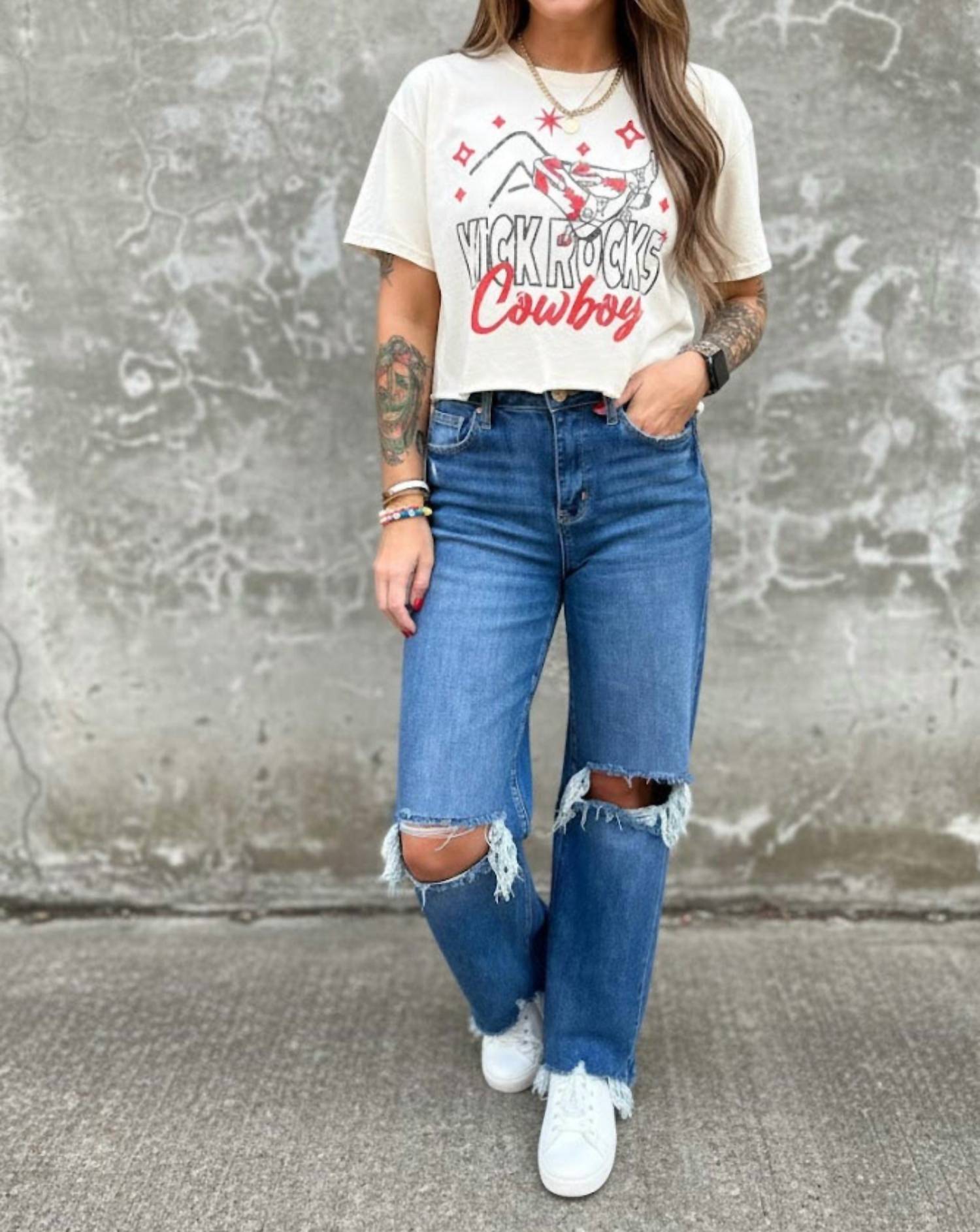 Country Deep Crop Kick Rocks Cowboy Graphic Tee in white - women's shirt