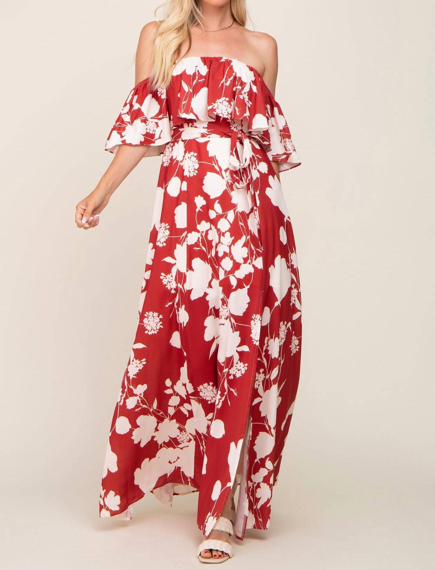 Soieblu - Off-shoulder Side Slit Maxi Dress