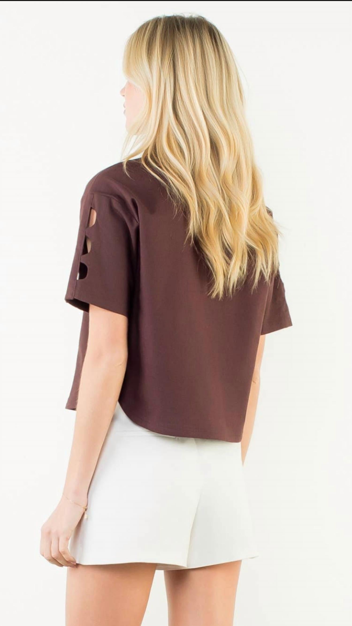 THML Women's Short Sleeve Cutout Top in brown - women's blouse - detail view