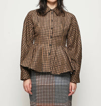 Ganni - Crinkled Taffeta Check Peplum Shirt
