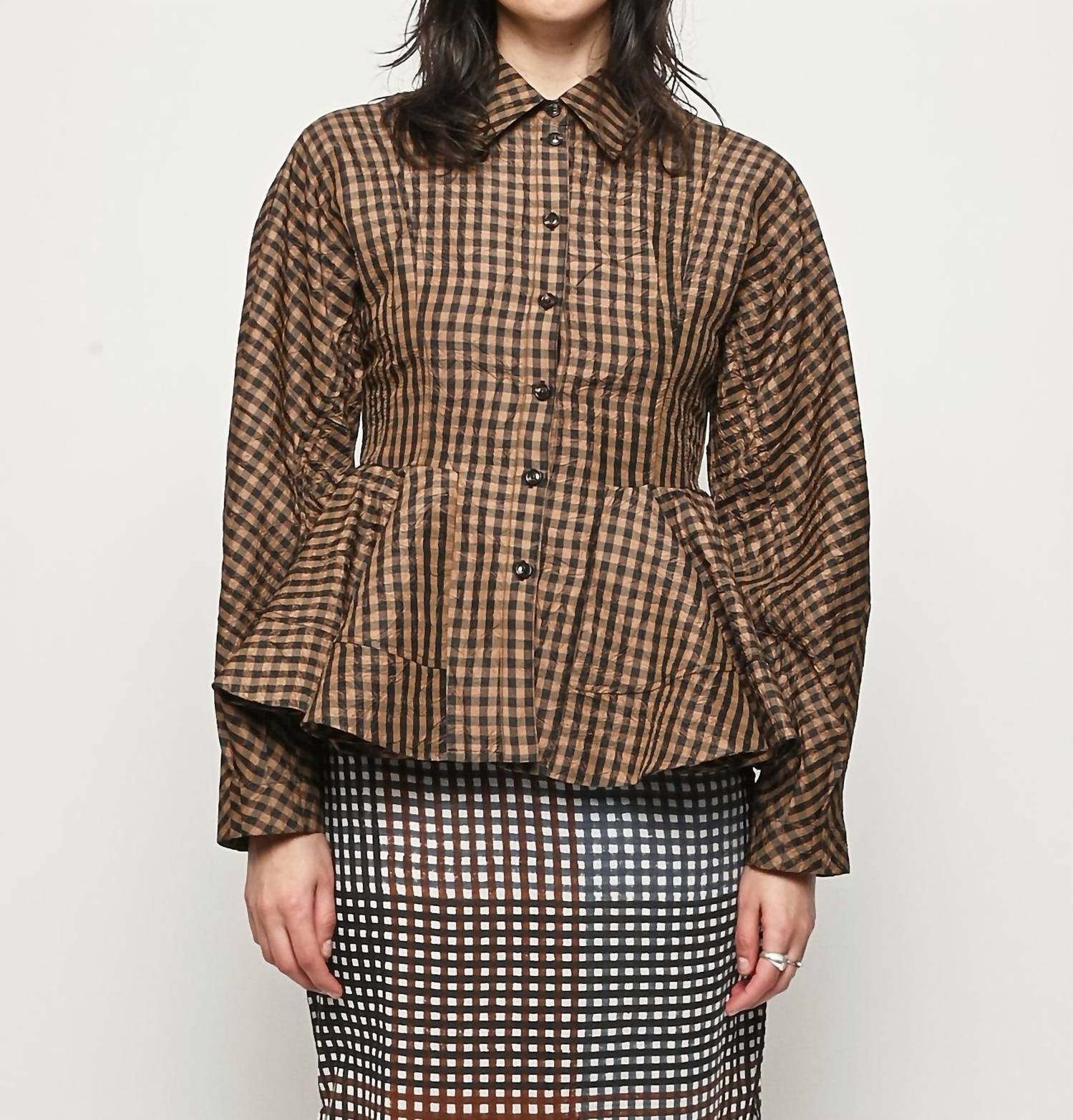 Ganni - Crinkled Taffeta Check Peplum Shirt