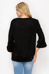 Joh suede top with ruffle on sleeve in black - women's blouse - view 4