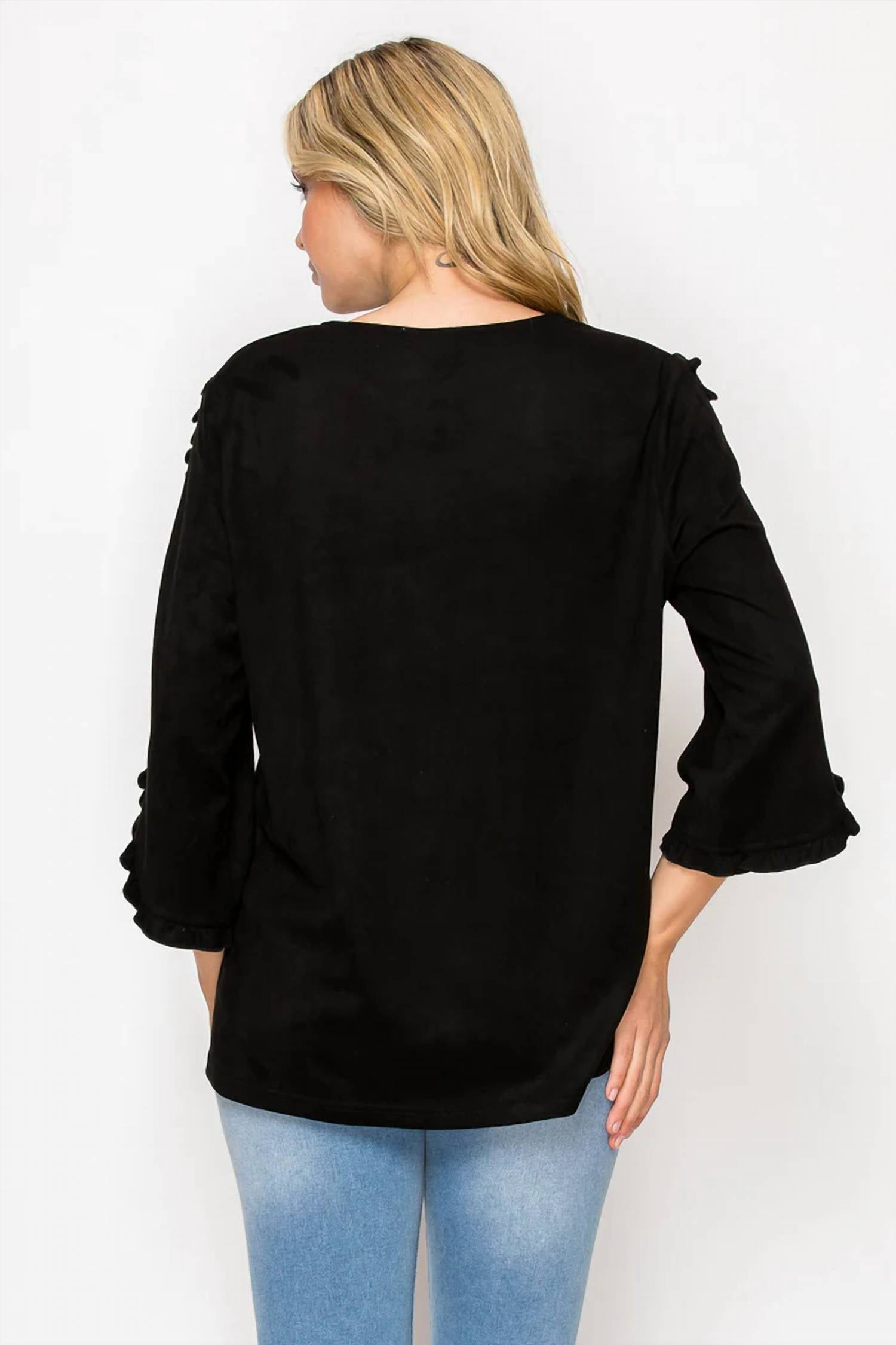 Joh suede top with ruffle on sleeve in black - women's blouse - view 4