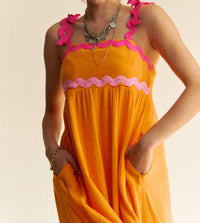 Davi & Dani - DOUBLE GAUZE TIE WAVY TRIM DETAIL MAXI DRESS