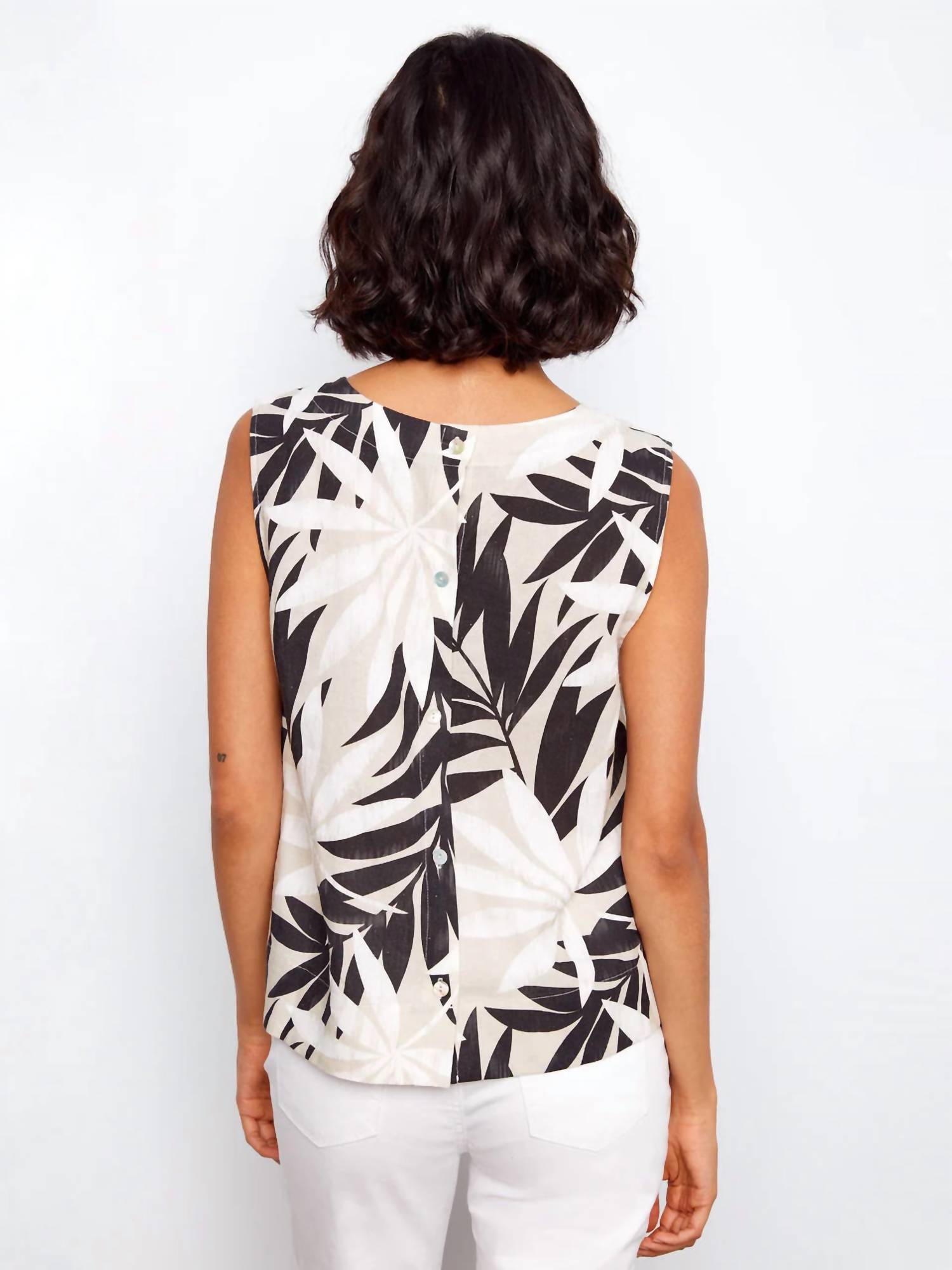 Charlie B - Leaflet Print Linen Blend Sleeveless Blouse