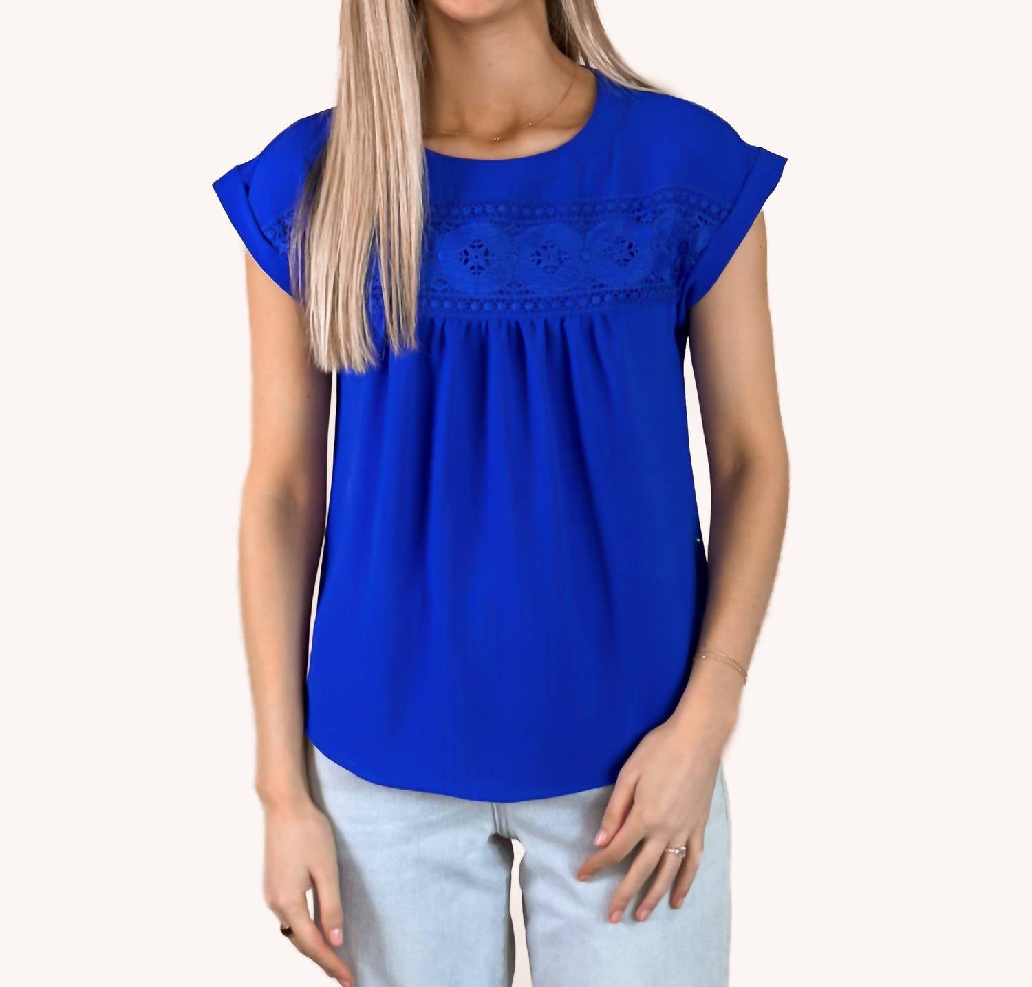 Blu Pepper - Women's Floral Eyelet Lace Trim Back Button Top